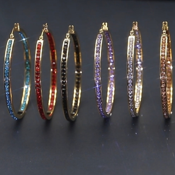 Big Gold and Black Rhinestone Hoop Earrings Sparkle CZ Crystal Channel Hoops - Picture 11 of 11